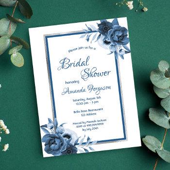 blue white silver floral bridal shower invitation postcard