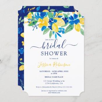 blue yellow lemons floral watercolor bridal shower invitation