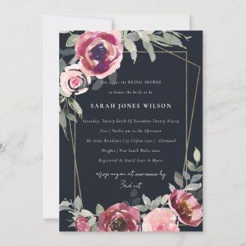 blush black red rose floral bridal shower invite