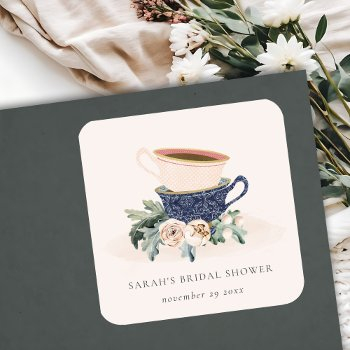 blush blue cups floral bridal shower tea party square sticker