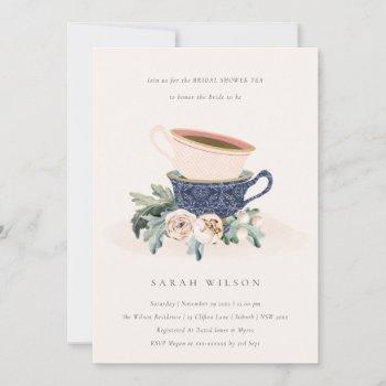 blush blue floral bridal shower tea party invite