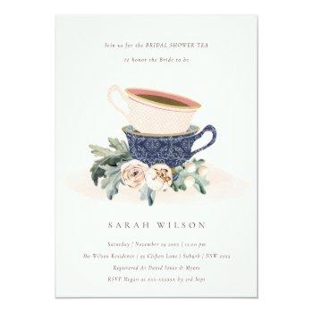 Blush Blue Floral Bridal Shower Tea Party Invite Front View