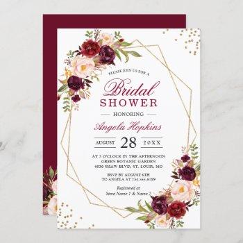 blush burgundy floral gold frame bridal shower invitation
