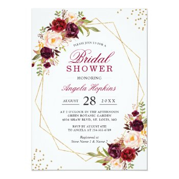 Blush Burgundy Floral Gold Frame Bridal Shower Invitation Front View