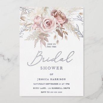 blush floral bridal shower real silver foil invitation