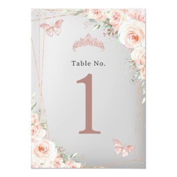 Blush Floral Rose Gold Quinceanera Xv Table Number Front View