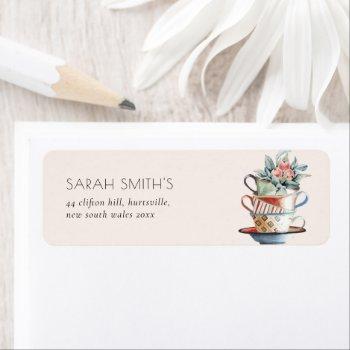 blush pastel stacked cups floral tea party address label