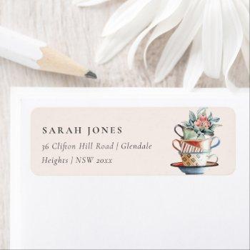 blush pastel stacked cups floral tea party address label