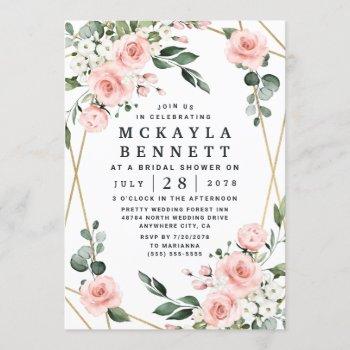 blush pink and gold floral greenery bridal shower invitation
