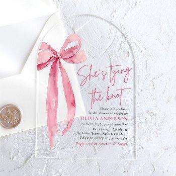 blush pink bow she's tying the knot bridal shower acrylic invitations