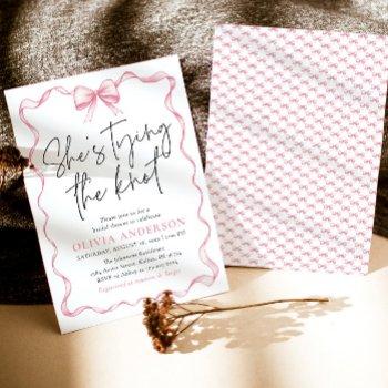 blush pink bow she's tying the knot bridal shower invitation