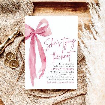 blush pink bow she's tying the knot bridal shower invitation