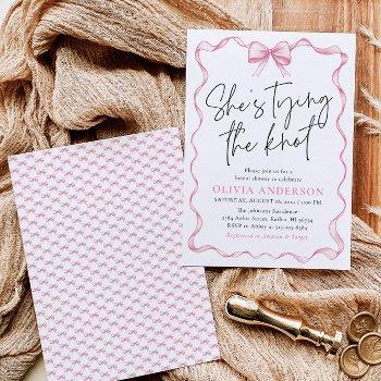 blush pink bow she's tying the knot bridal shower invitation