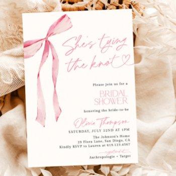 blush pink bow she's tying the knot bridal shower invitation