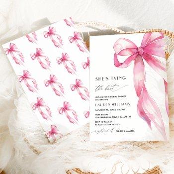 blush pink bow she's tying the knot bridal shower invitation
