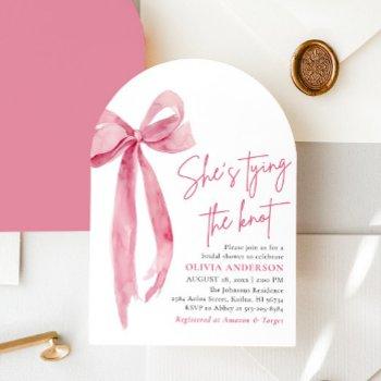 blush pink bow she's tying the knot bridal shower invitation