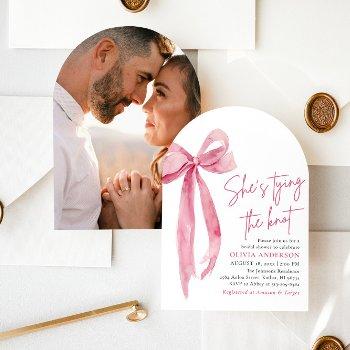 blush pink bow she's tying the knot bridal shower invitation