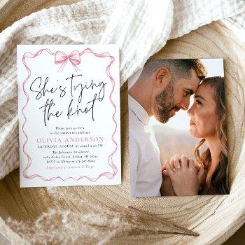 blush pink bow she's tying the knot bridal shower invitation