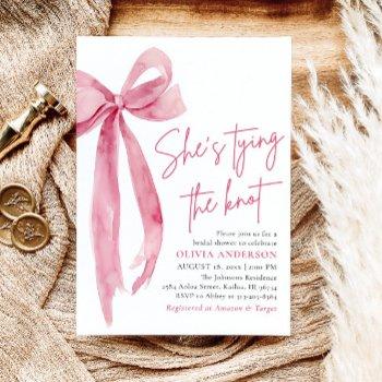 blush pink bow she's tying the knot bridal shower invitation