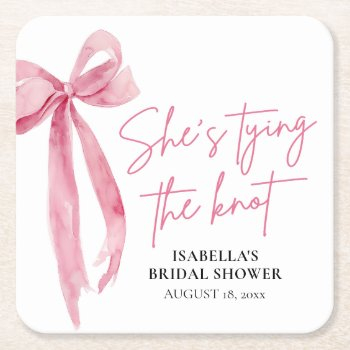 blush pink bow she's tying the knot bridal shower square paper coaster
