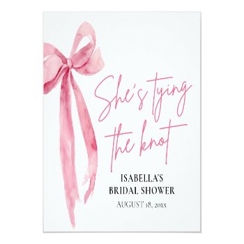 Blush Pink Bow She's Tying The Knot Bridal Shower Square Paper Coaster Front View