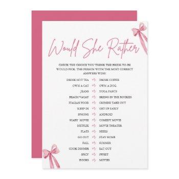 blush pink bow would she rather bridal shower game invitation
