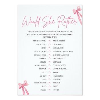 Blush Pink Bow Would She Rather Bridal Shower Game Invitation Front View