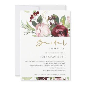 blush pink burgundy protea floral bridal shower invitation