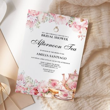 blush pink floral afternoon tea bridal shower invitation