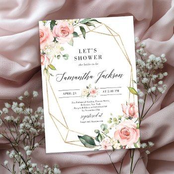 blush pink floral and gold glitter bridal shower invitation