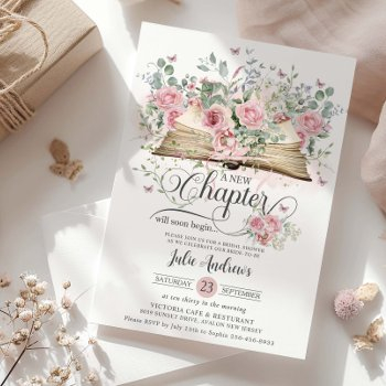 blush pink floral book new chapter bridal shower invitation
