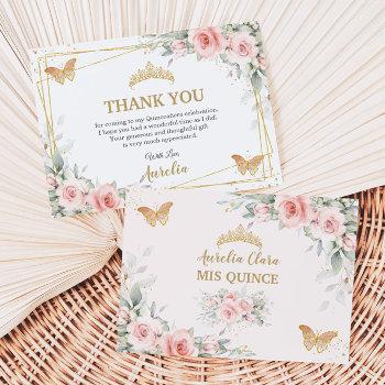 Blush Pink Floral Gold Crown Quinceañera Butterfly Thank You Card Front View