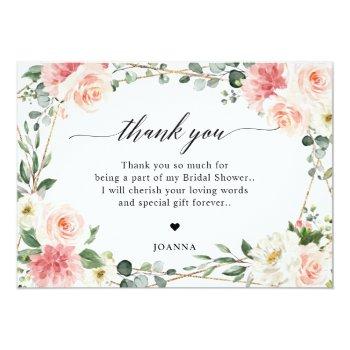 Blush Pink Floral Gold Geometric Bridal Shower Thank You Card Front View