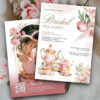 blush pink floral pampas tea party bridal shower invitation