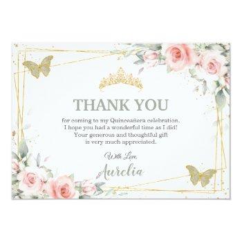 Blush Pink Floral Sage Green Butterfly Quinceañera Thank You Card Front View