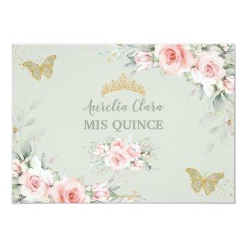 Blush Pink Floral Sage Green Butterfly Quinceañera Thank You Card Front View
