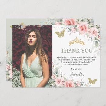 blush pink floral sage green quinceañera photo thank you card