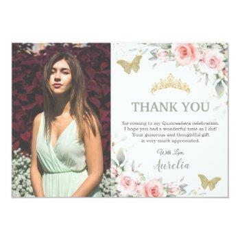 Blush Pink Floral Sage Green Quinceañera Photo Thank You Card Front View