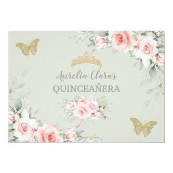 Blush Pink Floral Sage Green Quinceañera Photo Thank You Card Front View