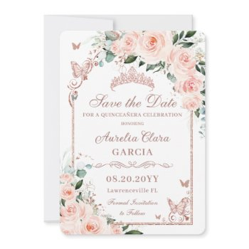blush pink floral sweet 16 rose gold quinceañera save the date
