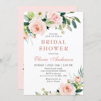 blush pink flowers watercolor bridal shower invitation