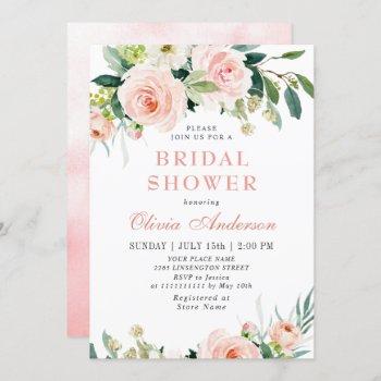 blush pink flowers watercolor bridal shower invitation