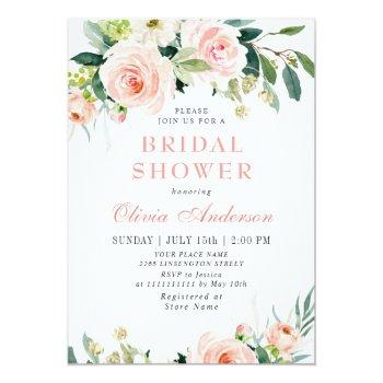 Blush Pink Flowers Watercolor Bridal Shower Invitation Front View