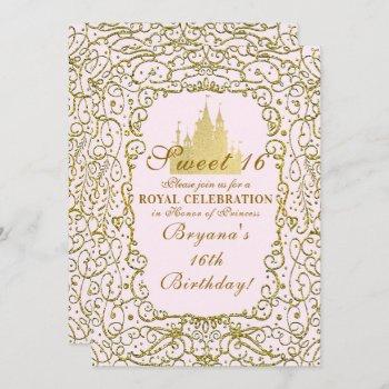 blush pink & gold royal castle princess sweet 16 invitation