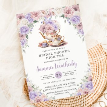 blush pink lilac white floral bridal shower tea  invitation