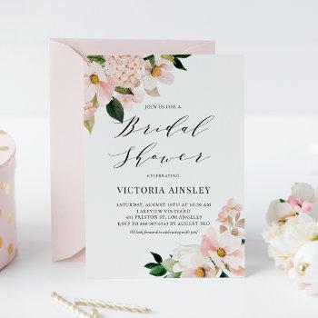 blush pink magnolias and hydrangeas bridal shower invitation