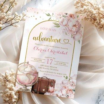 blush pink peony travel adventure bridal shower invitation