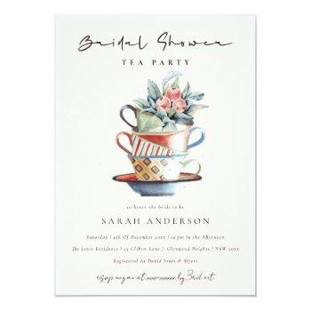 Blush Stacked Cups Bridal Shower Tea Party Invite Front View
