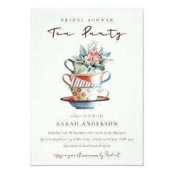 Blush Stacked Cups Bridal Shower Tea Party Invite Front View