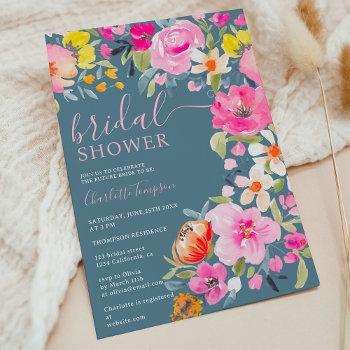 bohemian floral watercolor blue bridal shower invitation